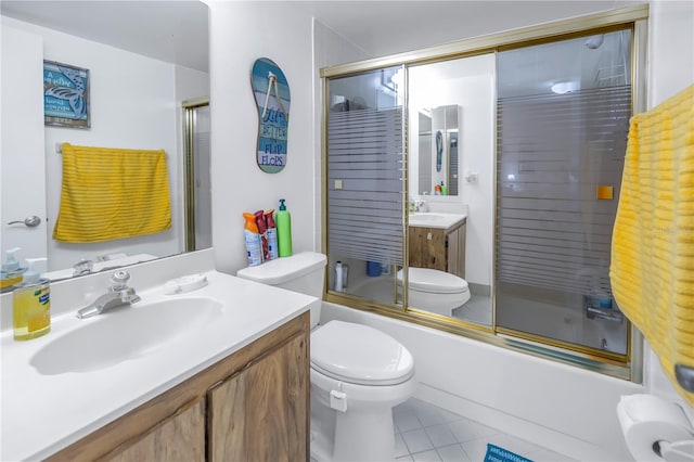 full bathroom with vanity, enclosed tub / shower combo, tile patterned floors, and toilet