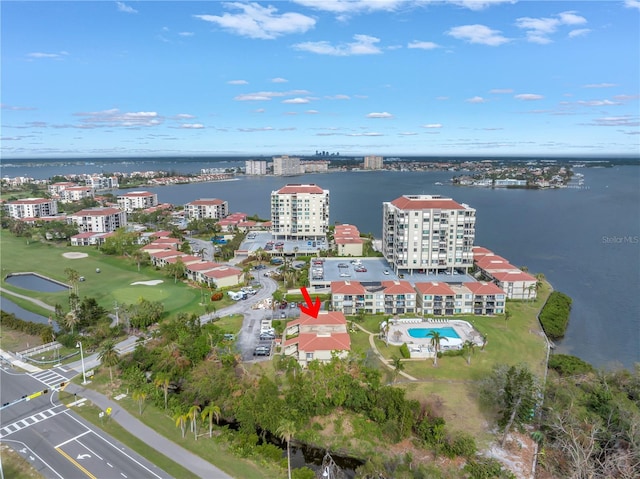 birds eye view of property featuring a water view