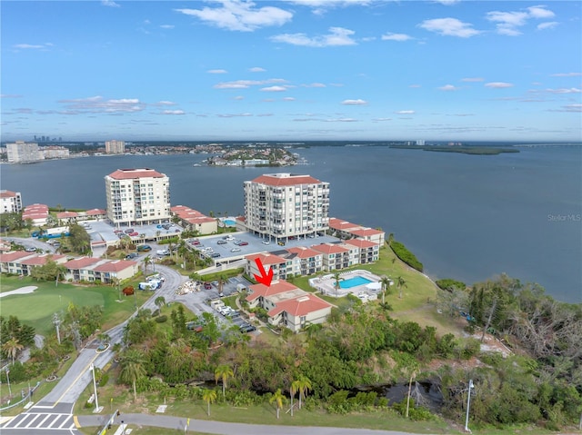 drone / aerial view featuring a water view