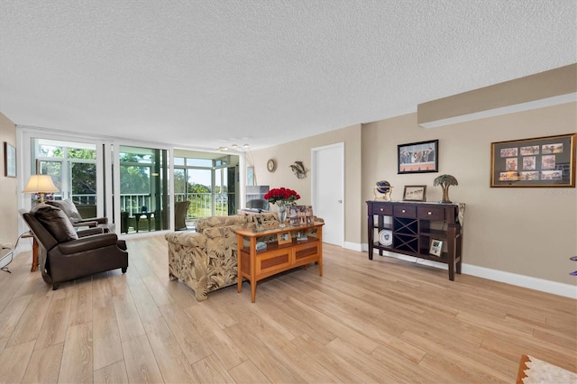 living room featuring light wood-type flooring and a textured ceiling