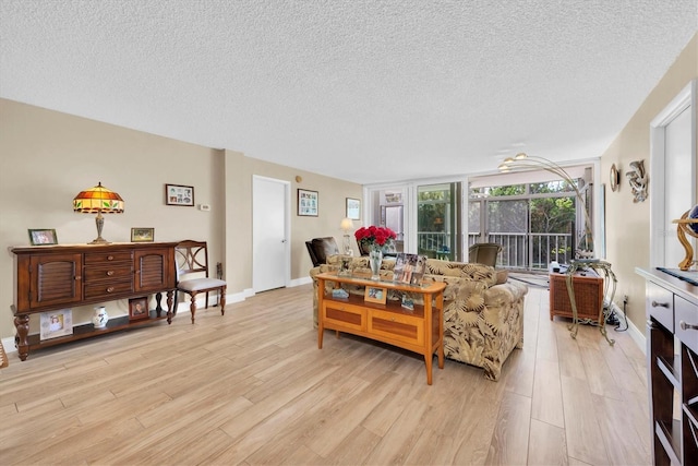 living room with a textured ceiling and light wood-type flooring