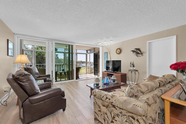 living room with light hardwood / wood-style floors and a textured ceiling