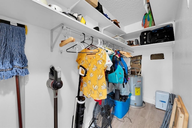 interior space featuring light hardwood / wood-style flooring, a textured ceiling, and gas water heater