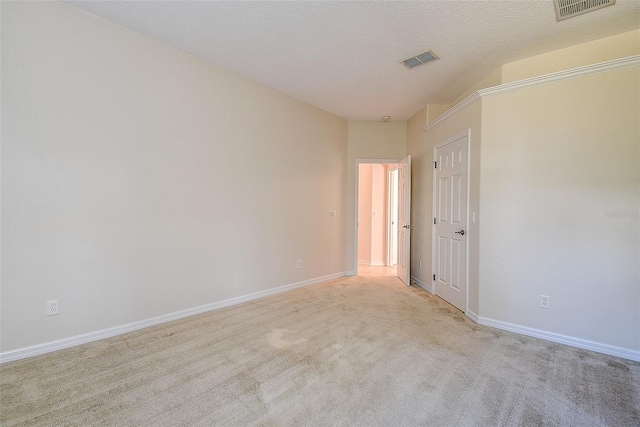 empty room featuring a textured ceiling and light colored carpet