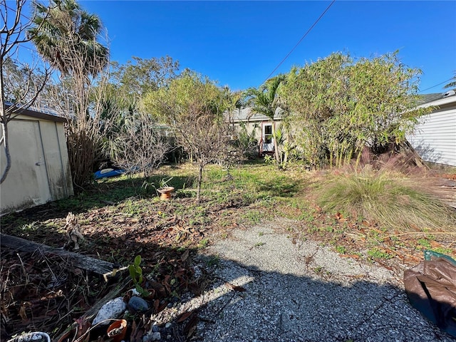 view of yard featuring a storage shed