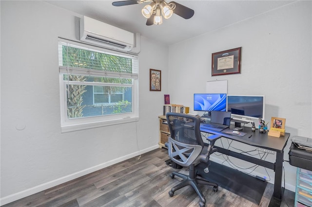 office with ceiling fan, a wealth of natural light, a wall mounted AC, and hardwood / wood-style flooring