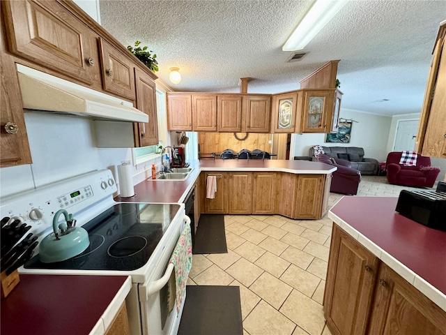 kitchen featuring a textured ceiling, kitchen peninsula, sink, and white range with electric cooktop