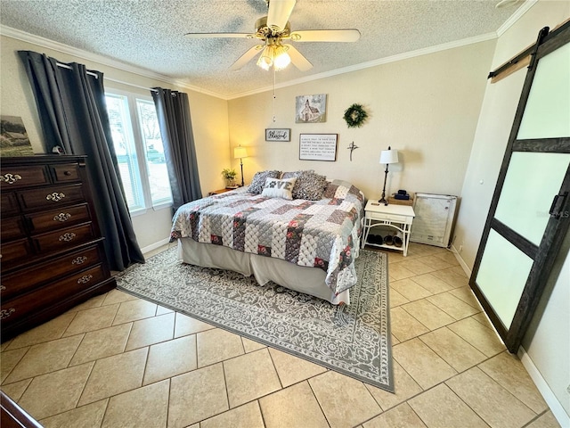 tiled bedroom with a textured ceiling, ornamental molding, a barn door, and ceiling fan