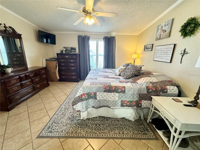 tiled bedroom featuring a textured ceiling, ceiling fan, and crown molding