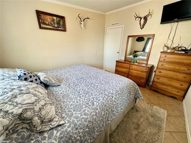 tiled bedroom with crown molding