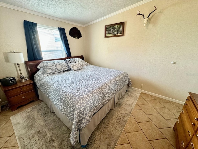 tiled bedroom with ornamental molding and a textured ceiling