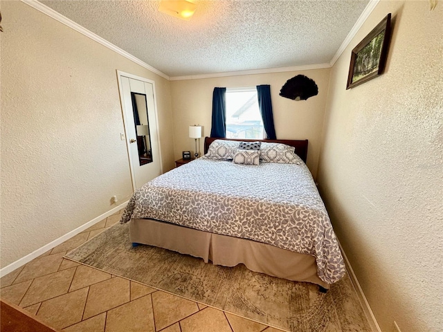 tiled bedroom featuring a textured ceiling and ornamental molding