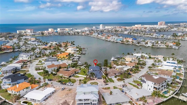 drone / aerial view featuring a water view