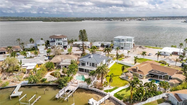 drone / aerial view with a water view