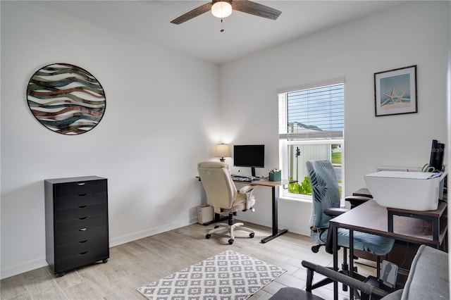 home office with ceiling fan and light hardwood / wood-style flooring