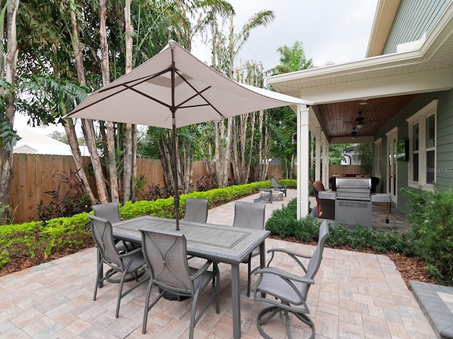 view of patio / terrace with a ceiling fan, outdoor dining area, a fenced backyard, and a grill