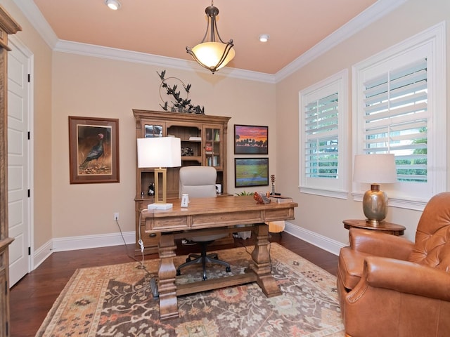 office featuring dark wood-style flooring, crown molding, and baseboards