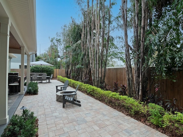 view of patio / terrace featuring a fenced backyard and outdoor dining space