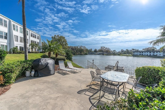 view of patio / terrace featuring a water view