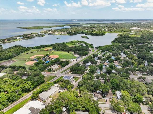 drone / aerial view featuring a water view