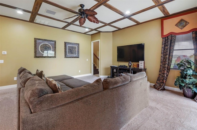 carpeted living room with ceiling fan and coffered ceiling