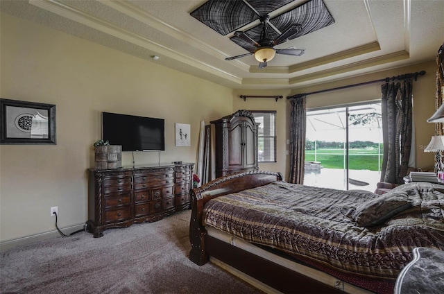 bedroom featuring access to outside, carpet, ceiling fan, crown molding, and a raised ceiling