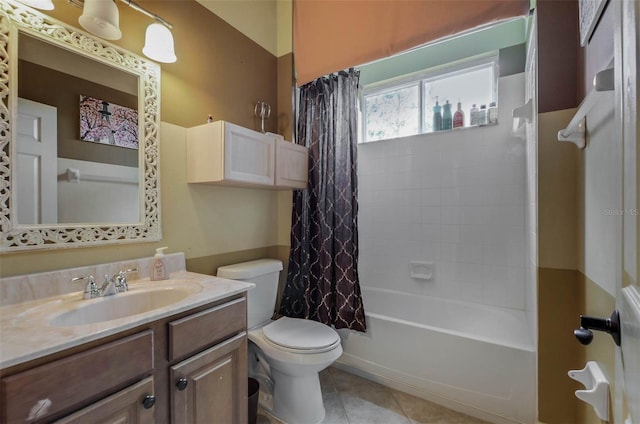 full bathroom with toilet, shower / tub combo with curtain, vanity, and tile patterned flooring