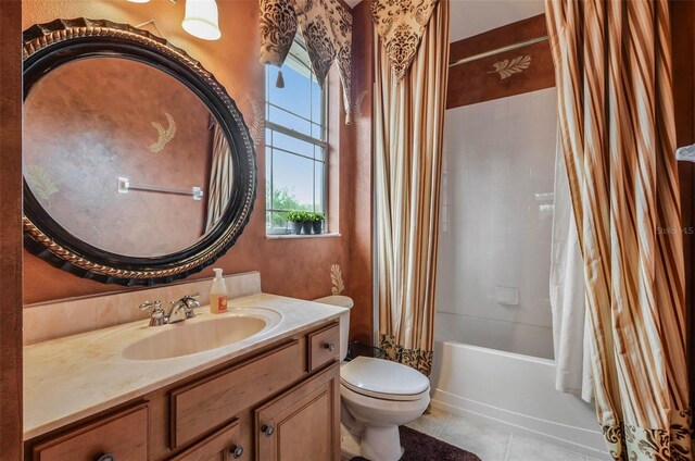 full bathroom with toilet, shower / tub combo with curtain, vanity, and tile patterned floors