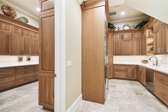 kitchen with dishwasher, ornamental molding, and sink