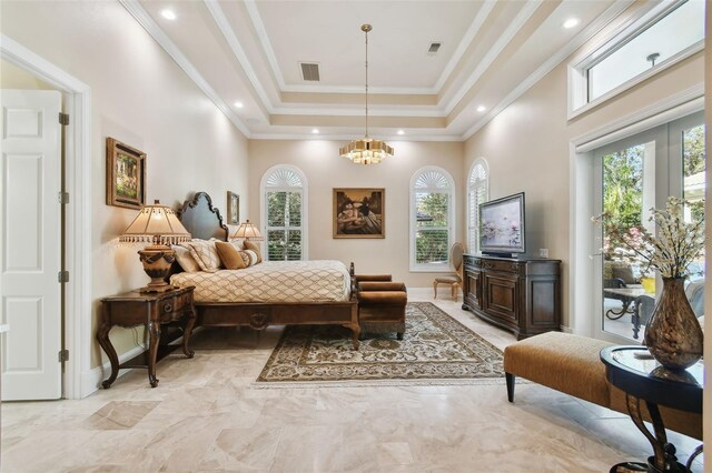 bedroom with a raised ceiling, ornamental molding, and multiple windows