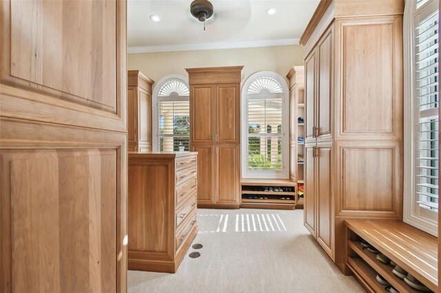 mudroom with ornamental molding and light carpet