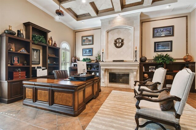 office with light tile patterned floors, beamed ceiling, coffered ceiling, and ornamental molding