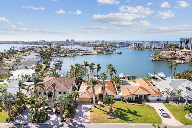 aerial view featuring a water view