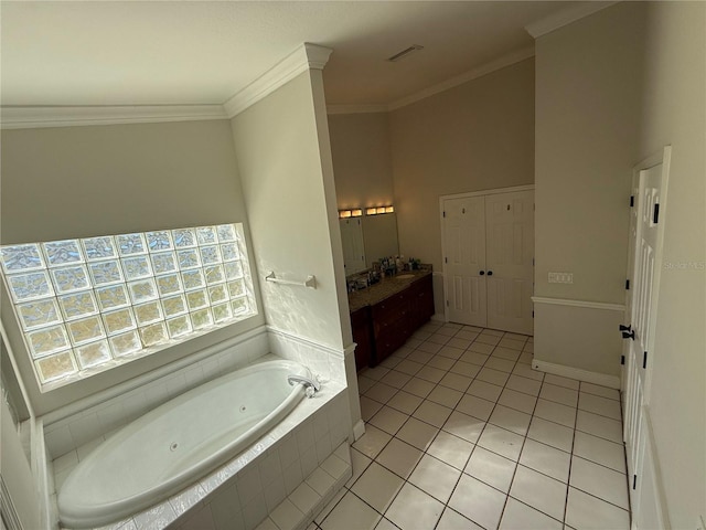 full bathroom featuring crown molding, a tub with jets, visible vents, and tile patterned floors