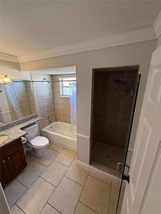 bathroom with vanity, tile patterned flooring, tiled shower / bath combo, crown molding, and toilet