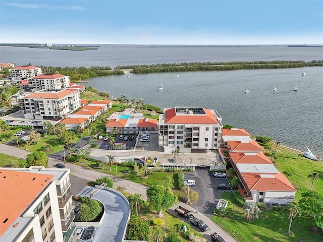 drone / aerial view with a water view