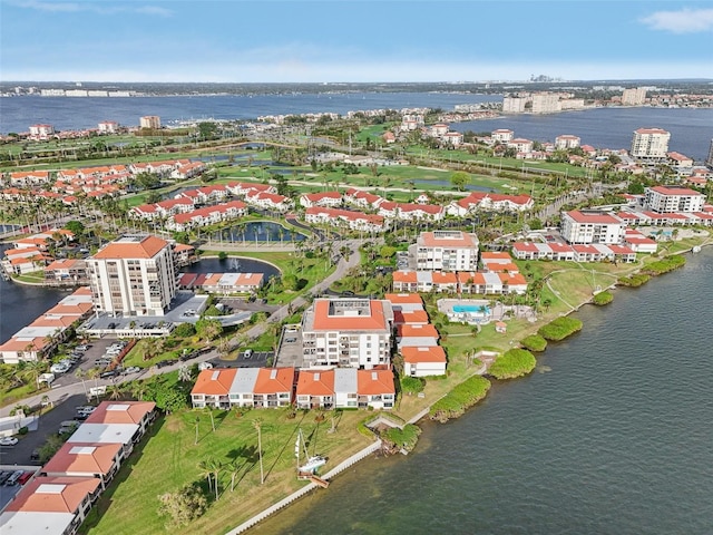 bird's eye view with a water view