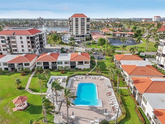 drone / aerial view featuring a water view