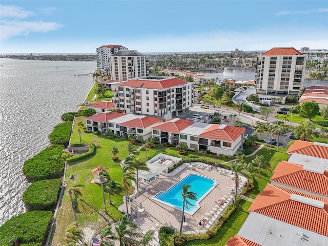 drone / aerial view with a water view