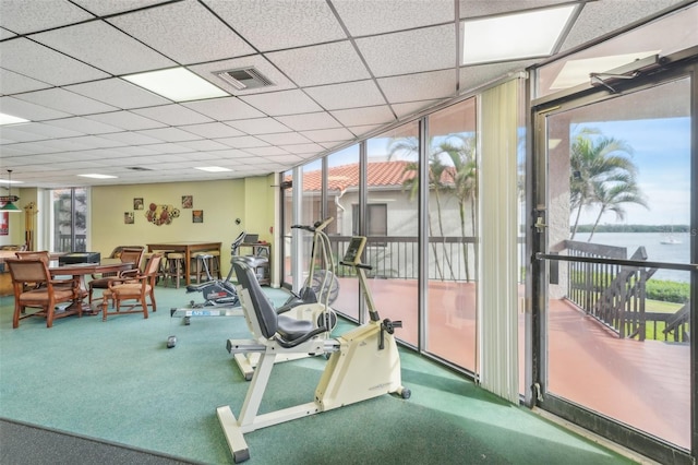 gym featuring carpet and a paneled ceiling