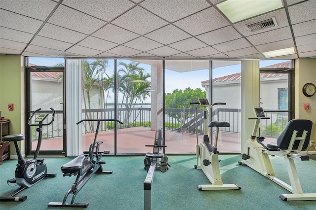 workout area with expansive windows and a drop ceiling