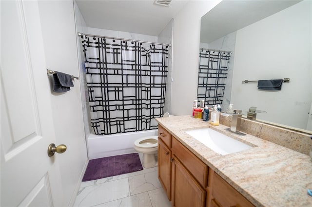 full bathroom featuring toilet, vanity, and shower / bathtub combination with curtain