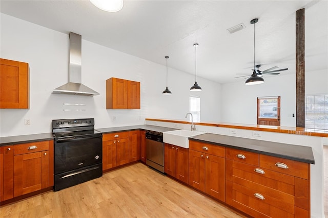 kitchen with dishwasher, black range with electric stovetop, wall chimney range hood, sink, and hanging light fixtures