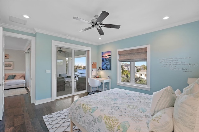 bedroom with access to exterior, ceiling fan, dark hardwood / wood-style flooring, and crown molding