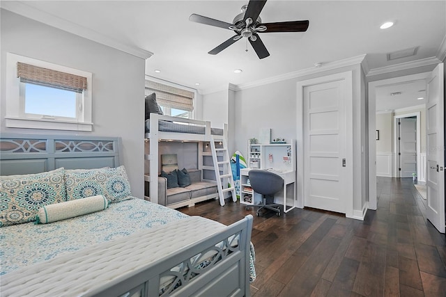 bedroom with multiple windows, dark hardwood / wood-style floors, ceiling fan, and crown molding