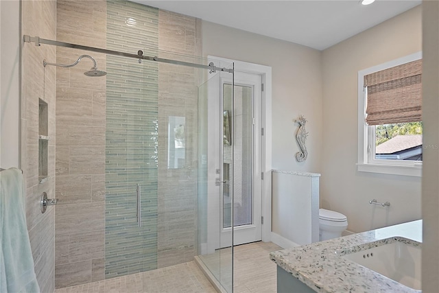 bathroom with vanity, toilet, and a shower with door