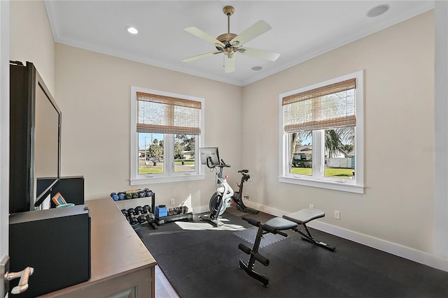 workout room with ceiling fan and ornamental molding