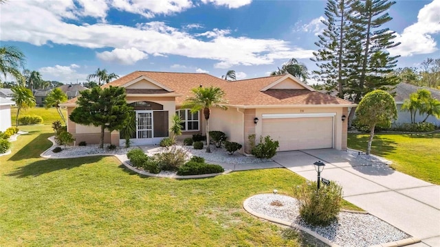 ranch-style house with a garage and a front yard