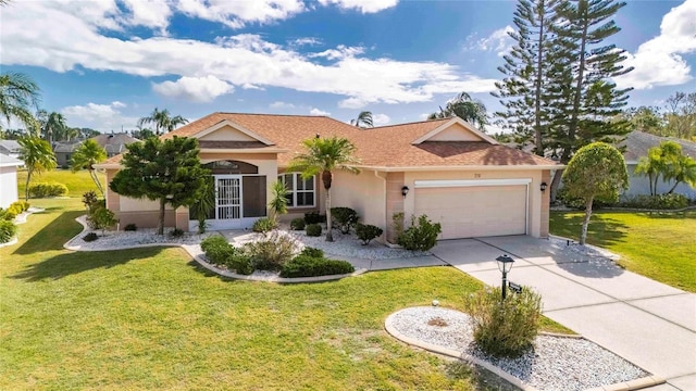 719 Winterbrooke Way, Sun City Center, FL 33573 - ranch-style house with a garage, stucco siding, driveway, and a front lawn