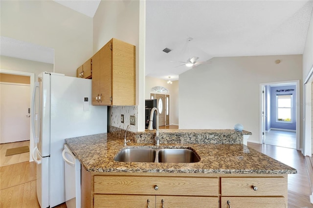 719 Winterbrooke Way, Sun City Center, FL 33573 - kitchen featuring a sink, lofted ceiling, a ceiling fan, light wood finished floors, and dark stone countertops